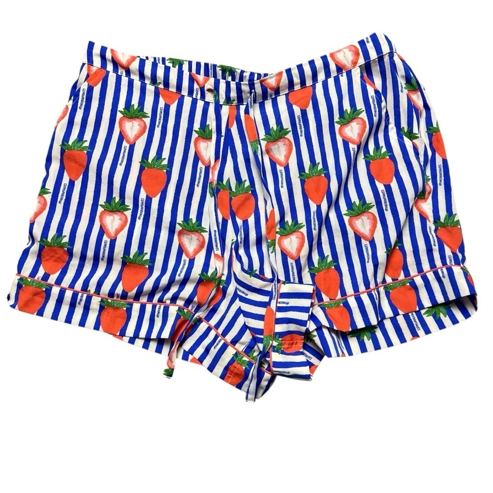 Bouffants And Broken Hearts Strawberry Blue Stripes Boxer Style Pajama Shorts L